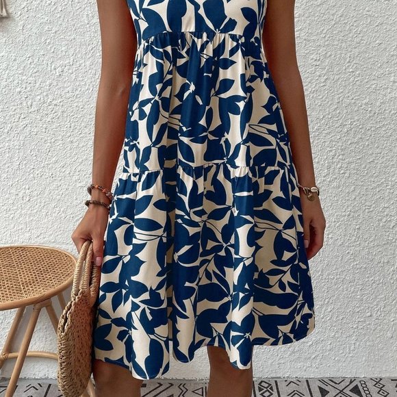 White & Blue Preppy Womens Allover Plant Print Notch Neck Ruffle Hem Dress - Picture 4 of 5